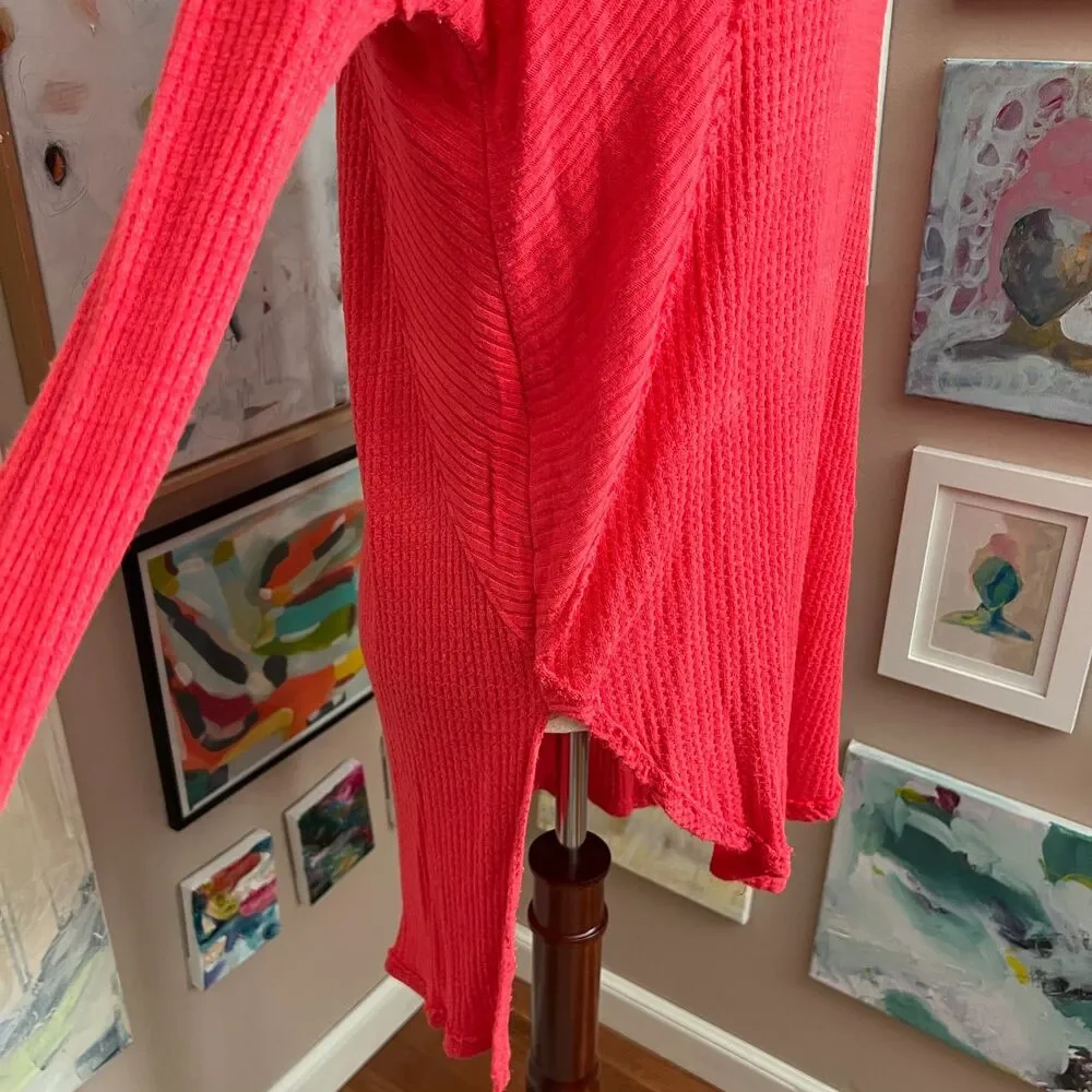 Free People Coral Ribbed Thermal Top‎ Cozy Boho Waffle Knit Oversized Size L
